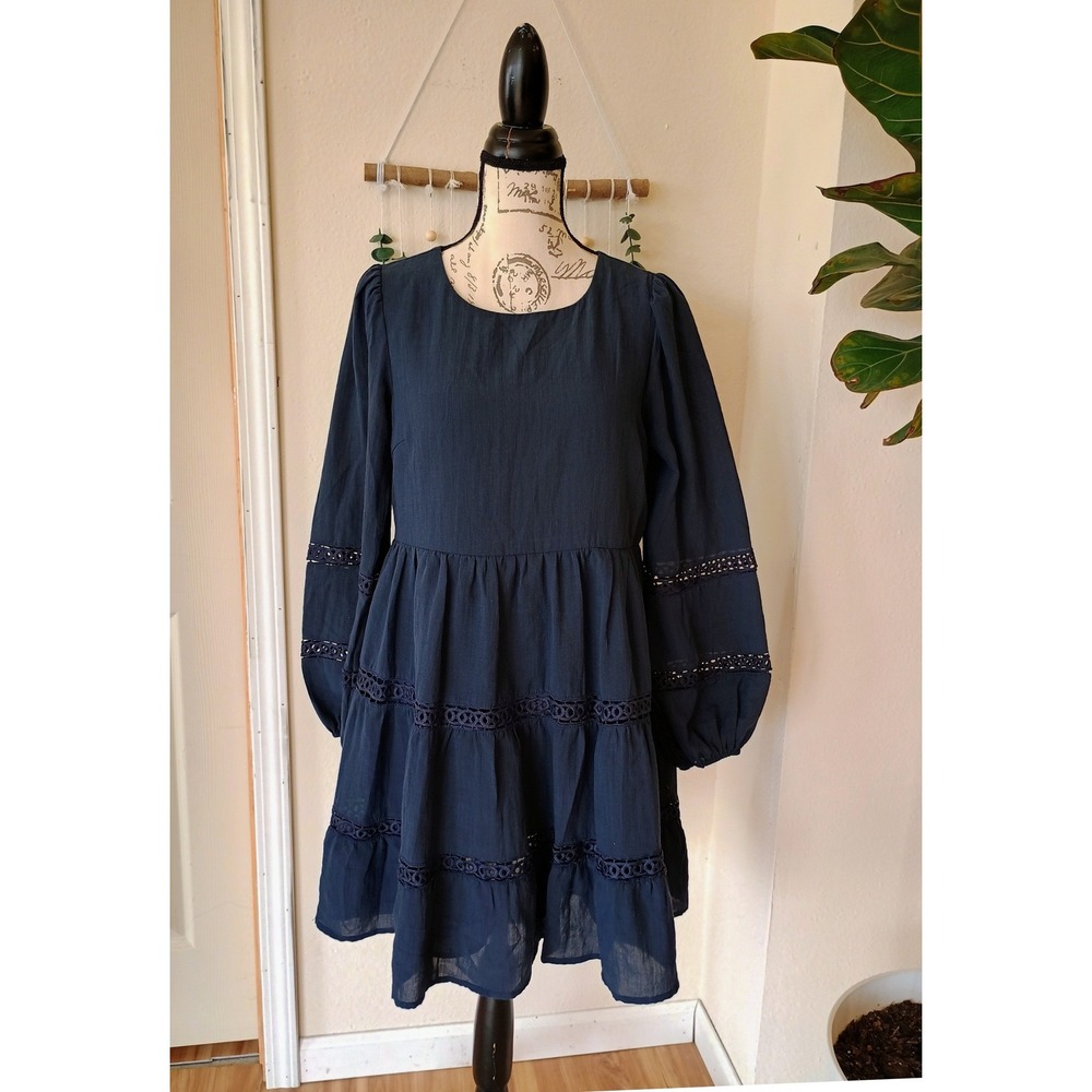 Aqua Babydoll Mini Dress Navy Blue Eyelet Lace Trim Small Long Sleeve Tiered